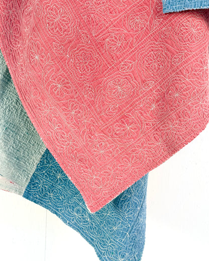 Embroidered Sujini Vintage Kantha Quilt In Faded Pink With Bengali Writing