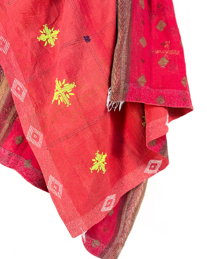 Large Embroidered Vintage Kantha Quilt in Red with Neon Embroidery