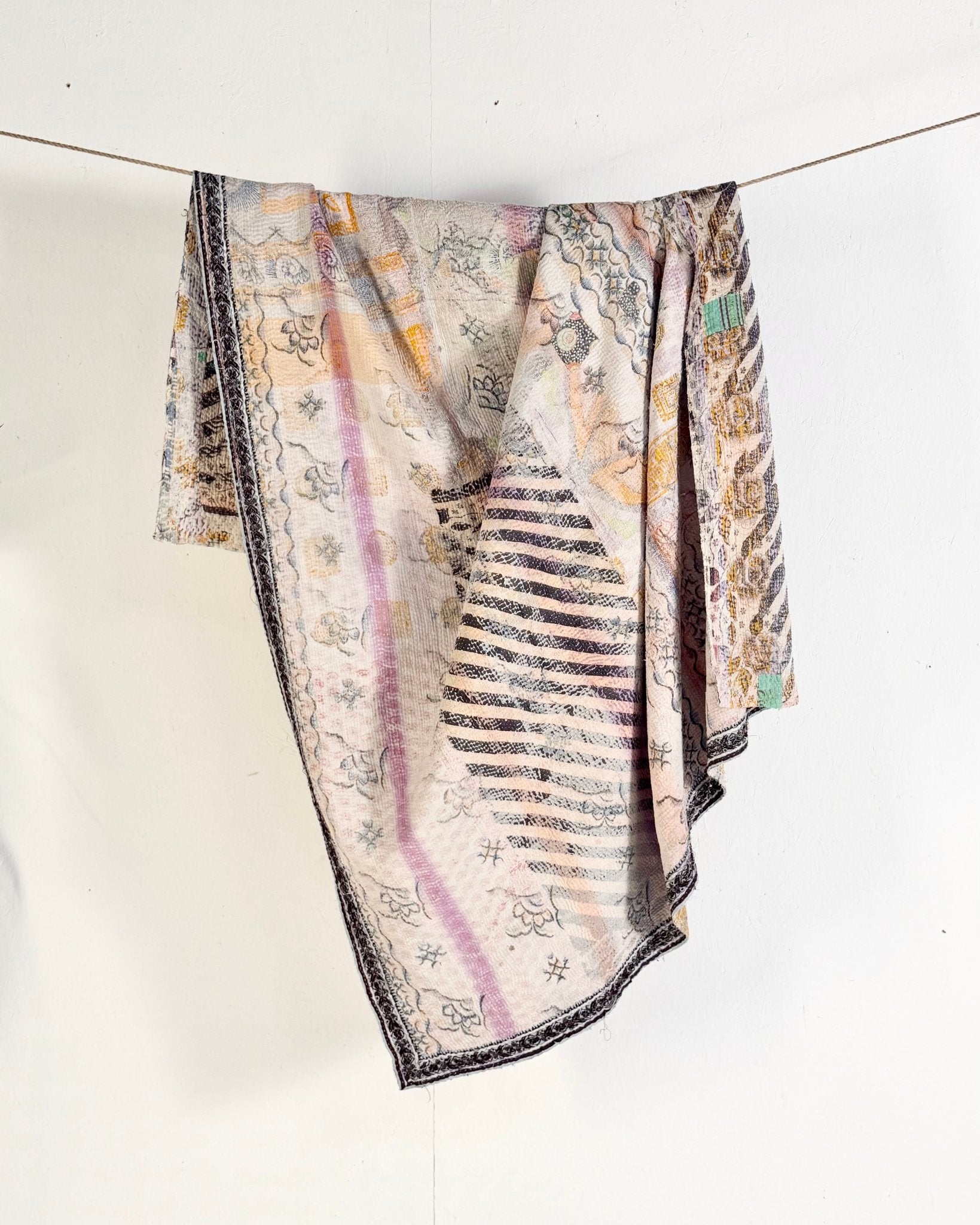 Textured Vintage Kantha Quilt in Pastel Floral with Grey Stripes - Biggs & Hill