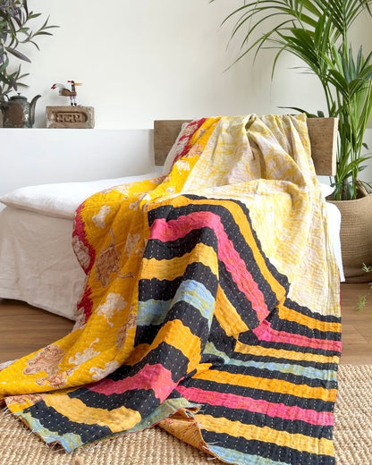 Vintage Cotton Kantha Quilt In Yellow with Stripes #29