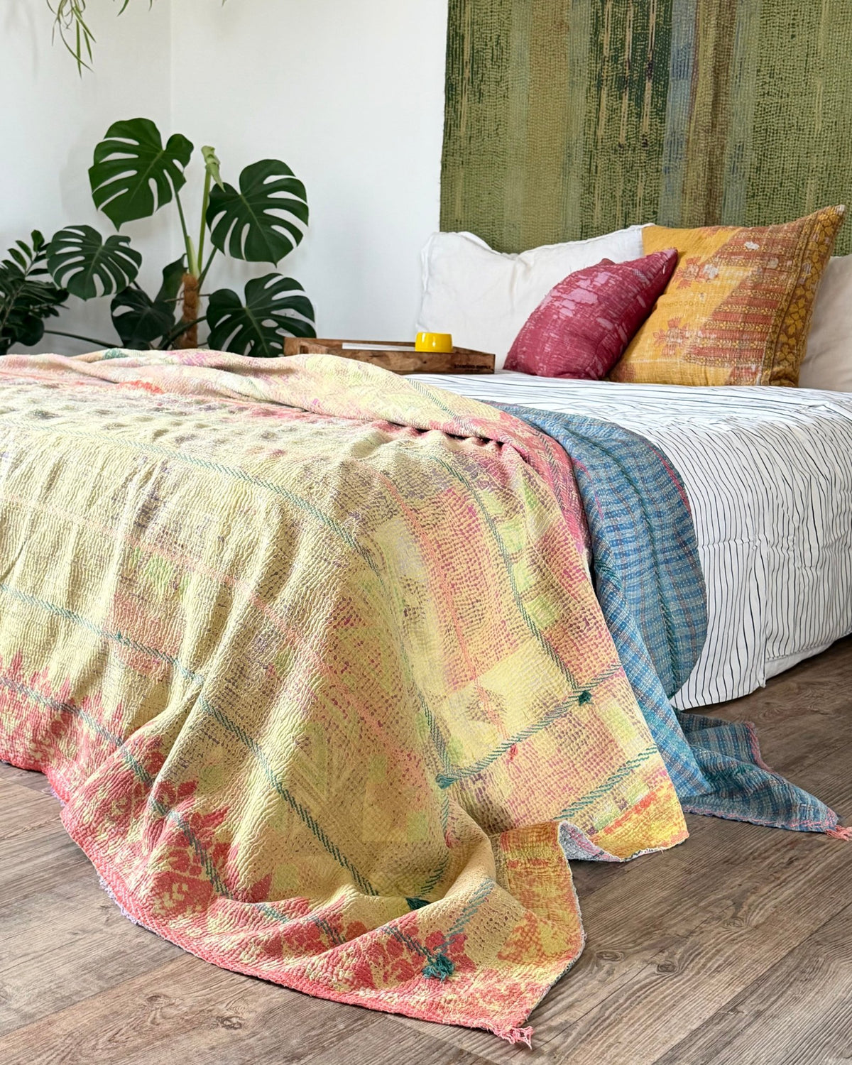 Large Textured Vintage Kantha Quilt In Soft Yellow, Green, Pink and Blue - Biggs & Hill