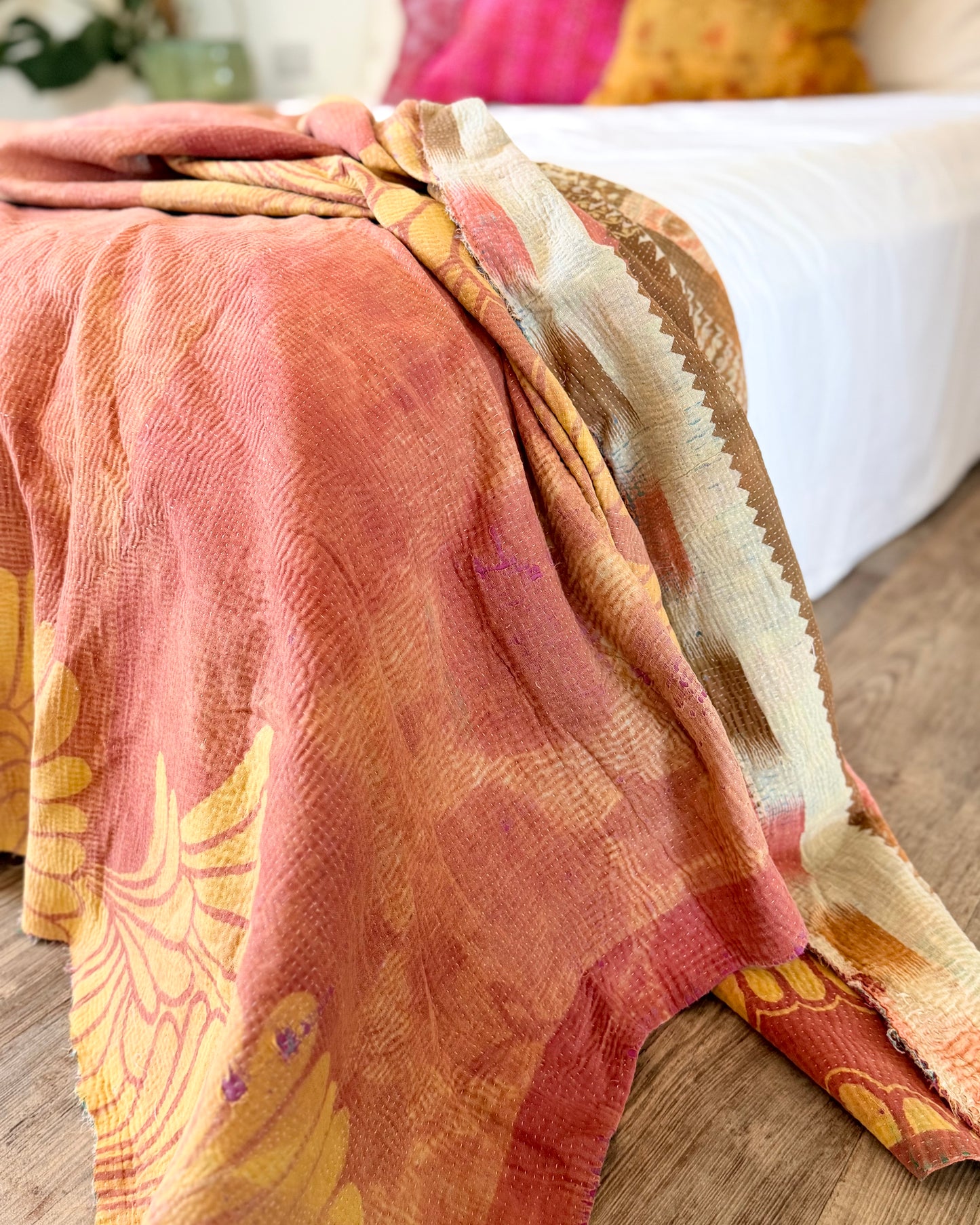 Large Fine Stitched Vintage Kantha Quilt in Peachy Pink Geometrics