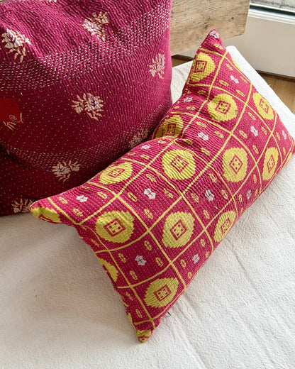 Vintage Kantha Cushion Cover In Lime Green and Pink - Small Rectangular - Biggs & Hill