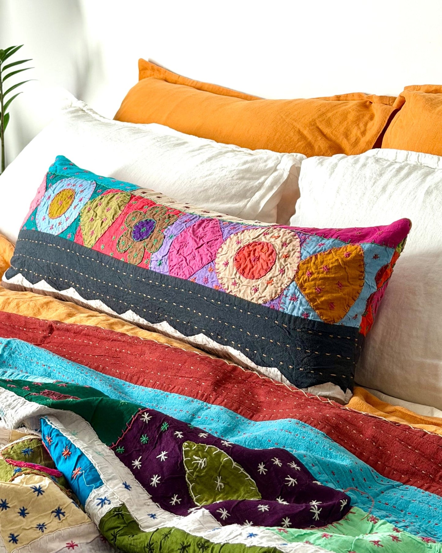 Patchwork Hand Stitched Reversible Bolster Cushion 03 - 80cm - Biggs & Hill