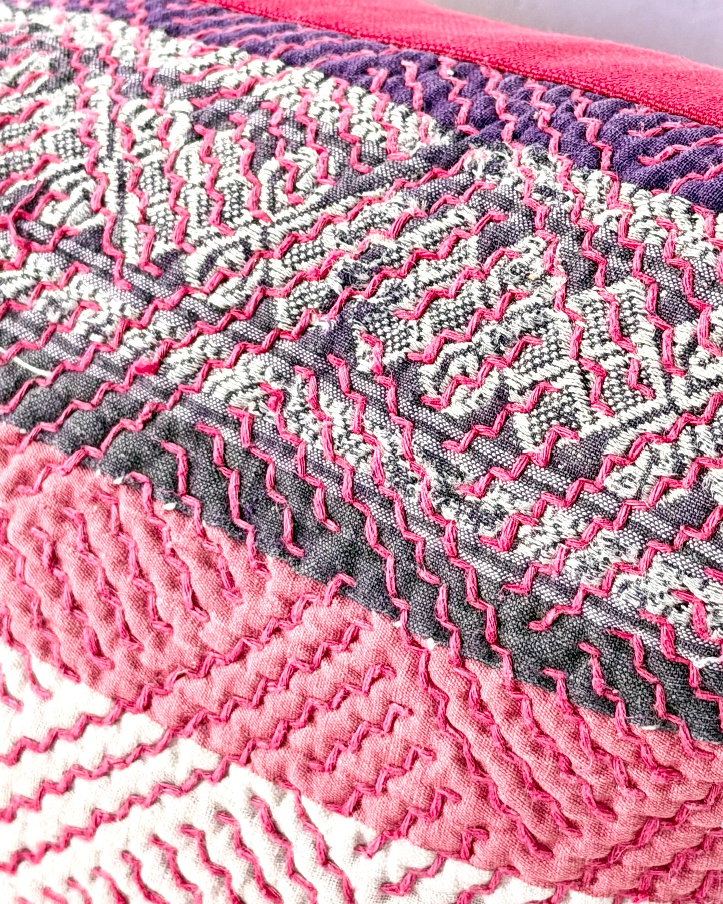 Vintage Kantha Cushion Cover In Pink and Purple - Small Rectangular