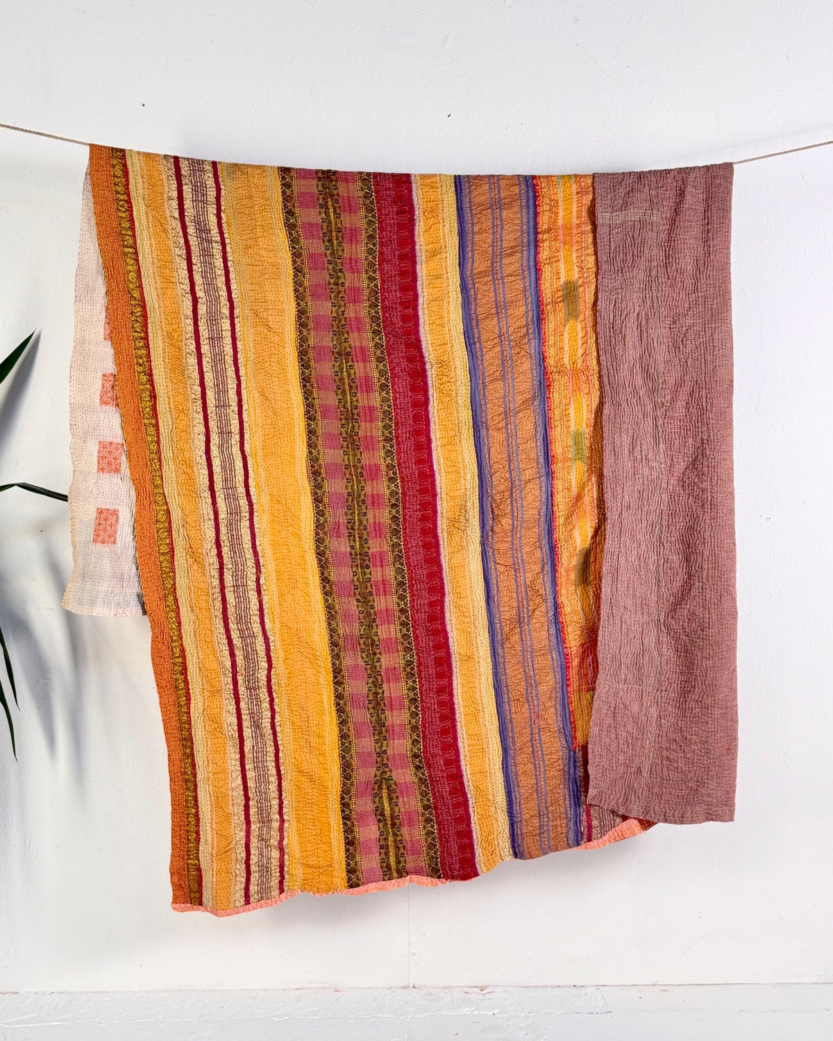 Extra Large Fine Stitched Vintage Kantha Quilt in Yellow and Pink Stripes - Biggs & Hill