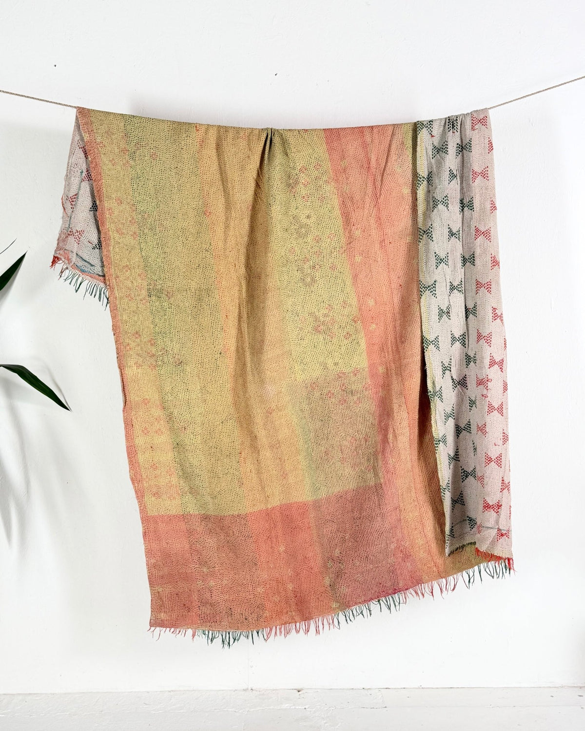 Embroidered Vintage Kantha Quilt in Peachy Pink, Yellow and White - Biggs & Hill