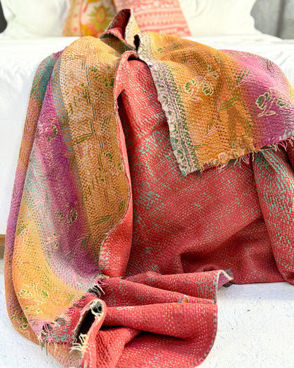 Textured Vintage Kantha Quilt in Pink and Yellow Stripes - Biggs & Hill