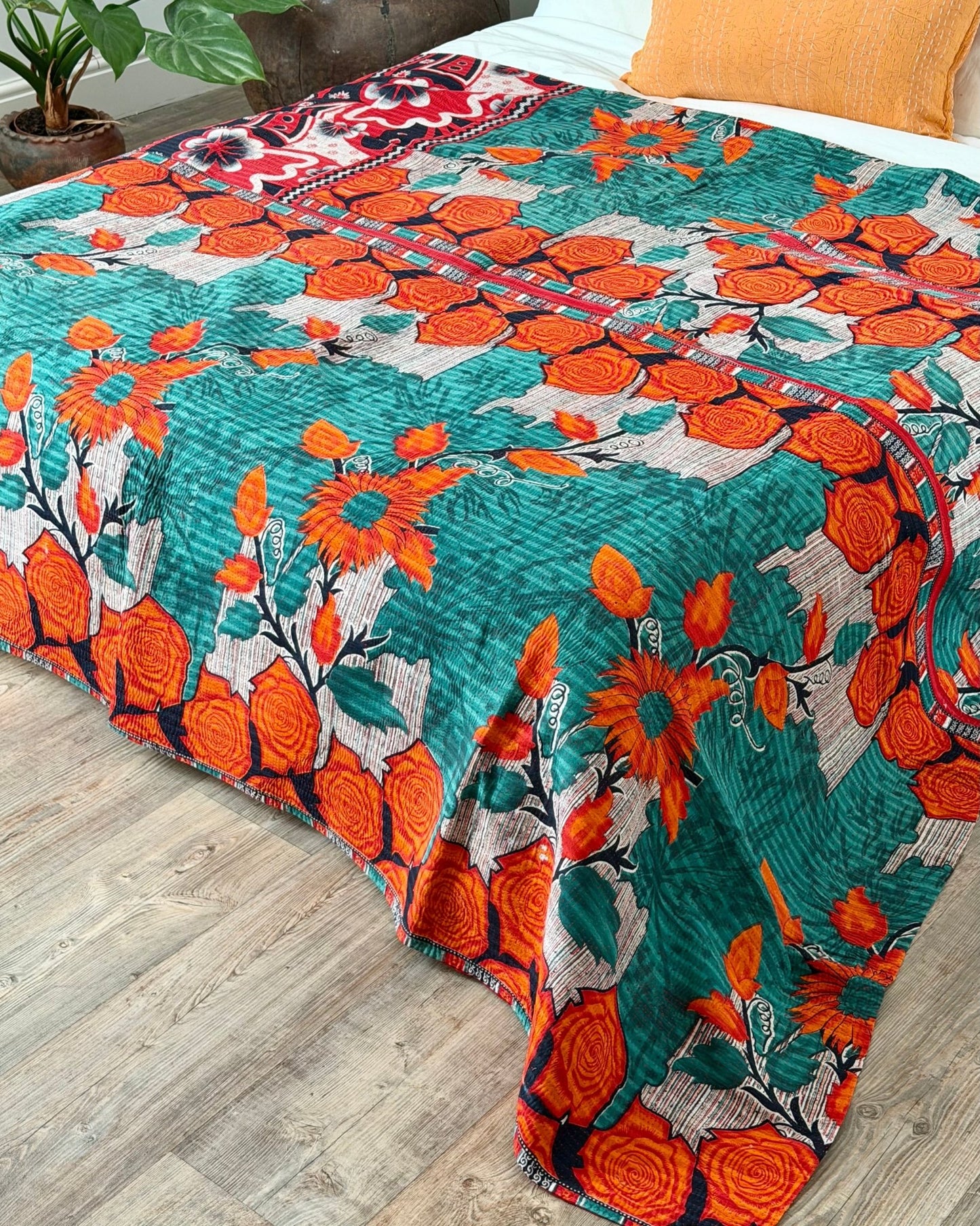 Extra Large Fine Stitched Vintage Kantha Quilt in Red, Navy and Green - Biggs & Hill