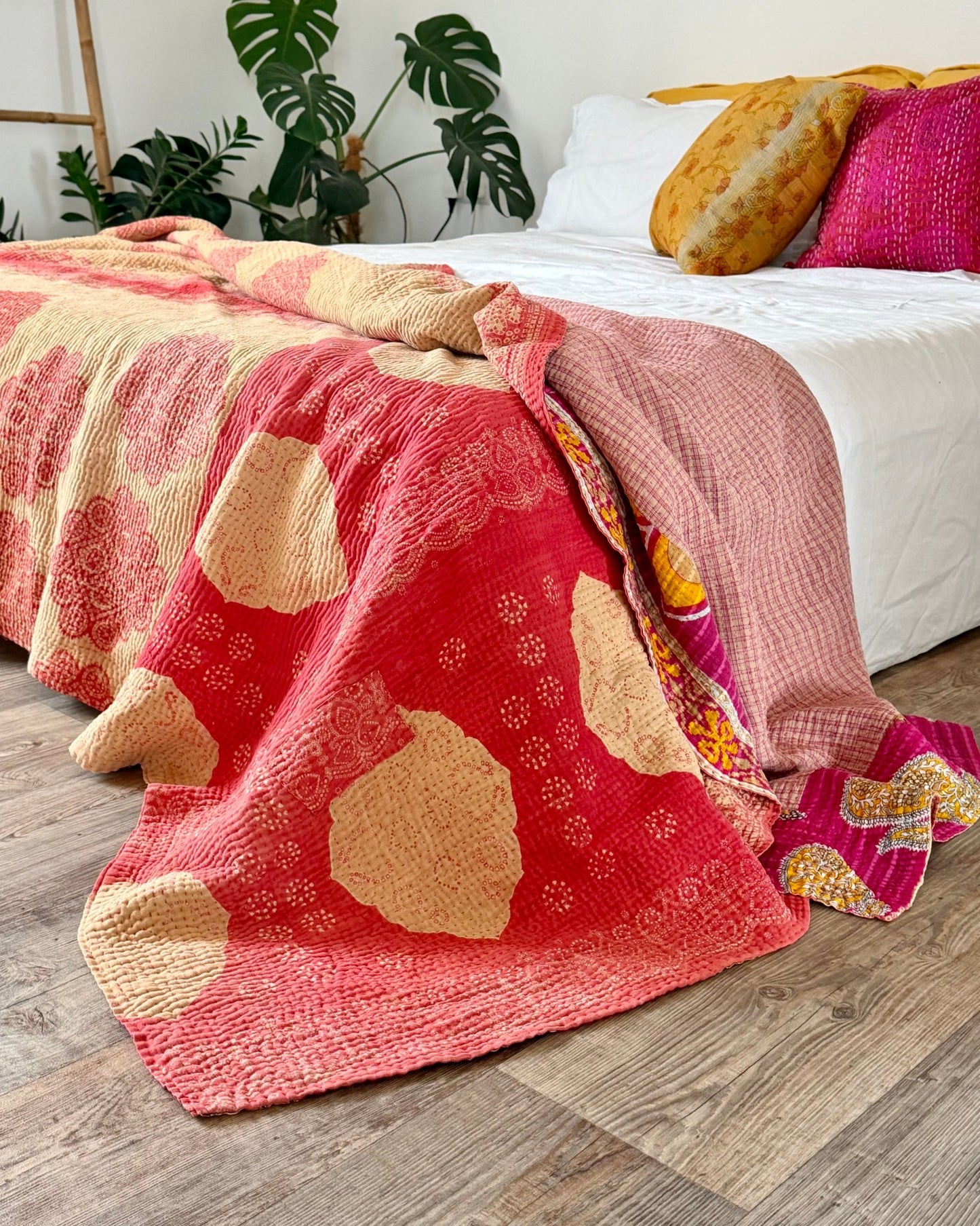 Large Fine Stitched Vintage Kantha Quilt in Pink and Peachy Orange - Biggs & Hill