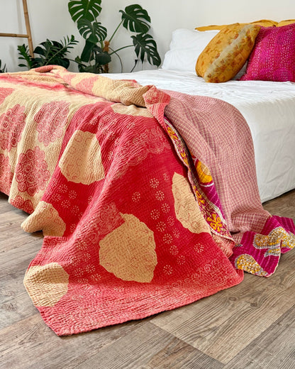 Large Fine Stitched Vintage Kantha Quilt in Pink and Peachy Orange - Biggs & Hill