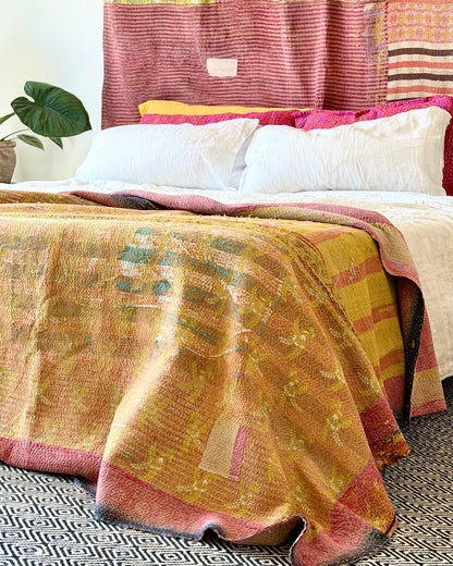 Large Textured Vintage Kantha Quilt In Yellow and Pink - Biggs & Hill