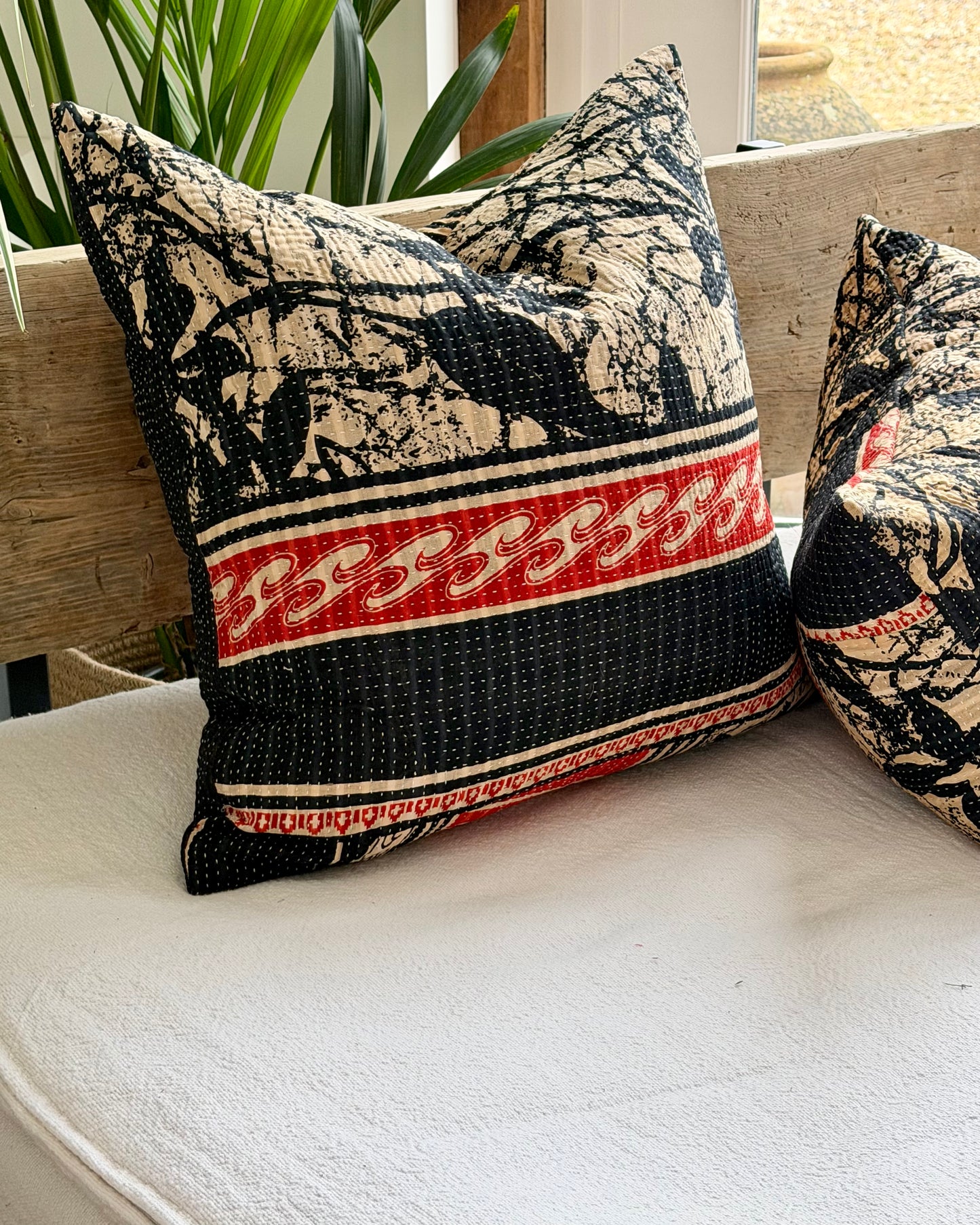 Vintage Kantha Cushion In Black and Red- 45cm Square