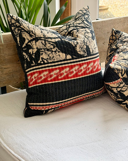 Vintage Kantha Cushion In Black and Red- 45cm Square