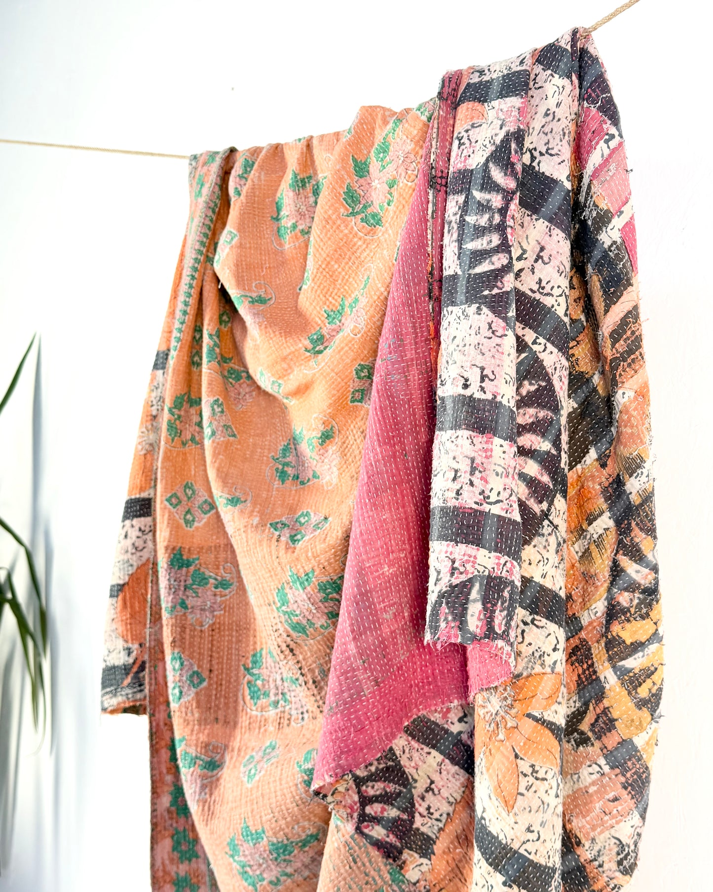 Large Textured Vintage Kantha Quilt in Pink and Blue Patterns
