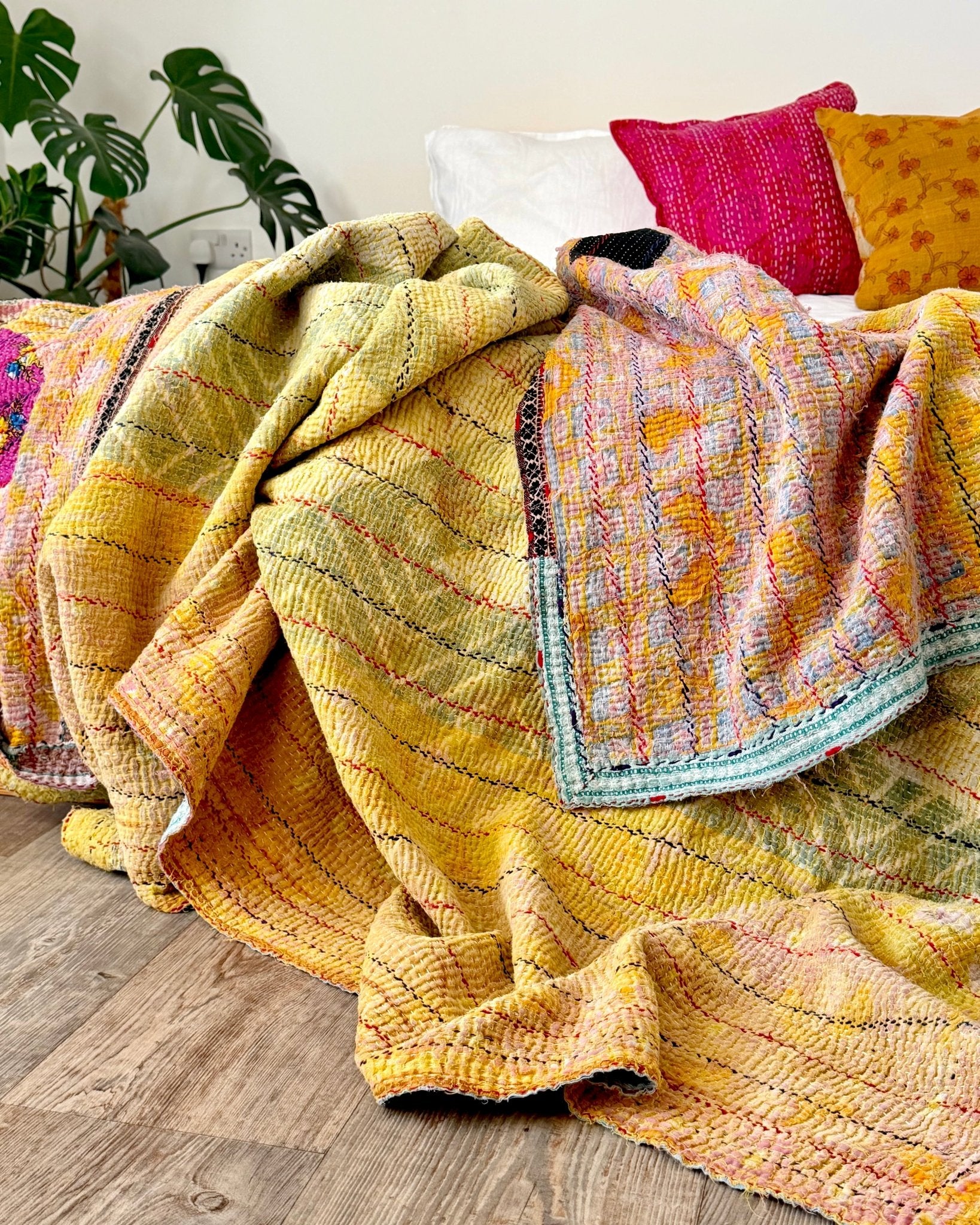 Large Textured Vintage Kantha Quilt In Abstract Pink, Purple and Yellow - Biggs & Hill