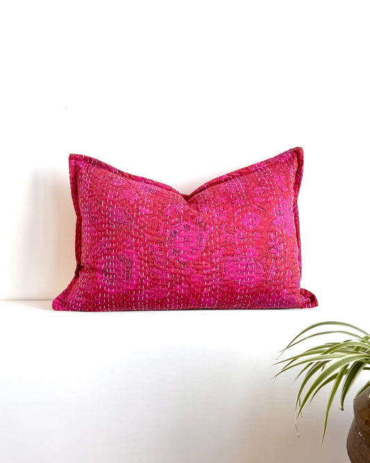 Pink Floral Block Printed Hand Stitched Rectangular Kantha Cushion - Biggs & Hill
