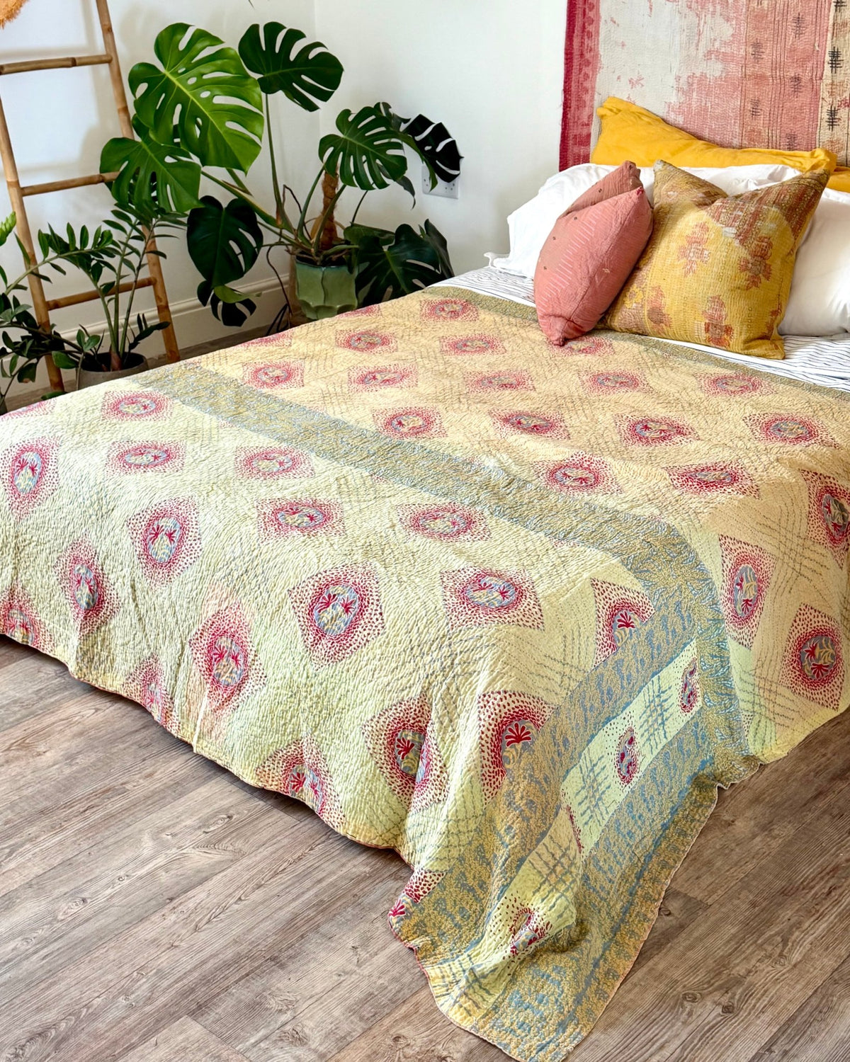 Large Fine Stitched Vintage Kantha Quilt in Soft Green and Brown - FIRST picture - Biggs & Hill