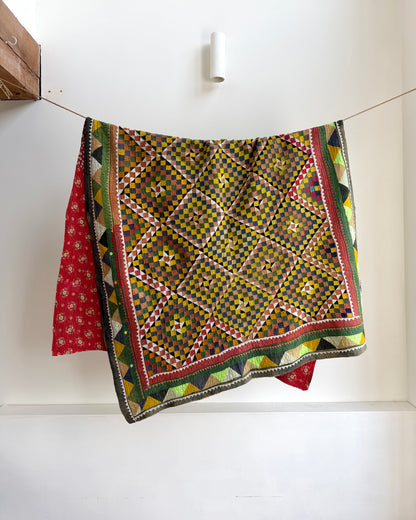 Vintage Embroidered Patchwork Ralli Quilt in Shades of Green