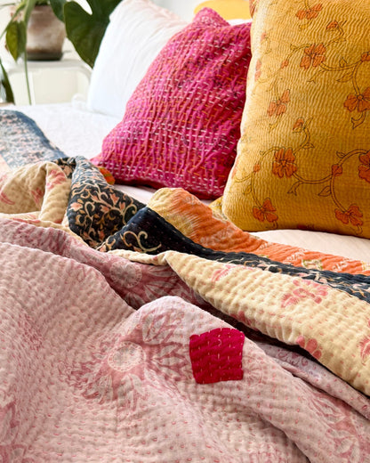 Large Fine Stitched Vintage Kantha Quilt in Orange, Green, Lilac and Yellow - Biggs & Hill