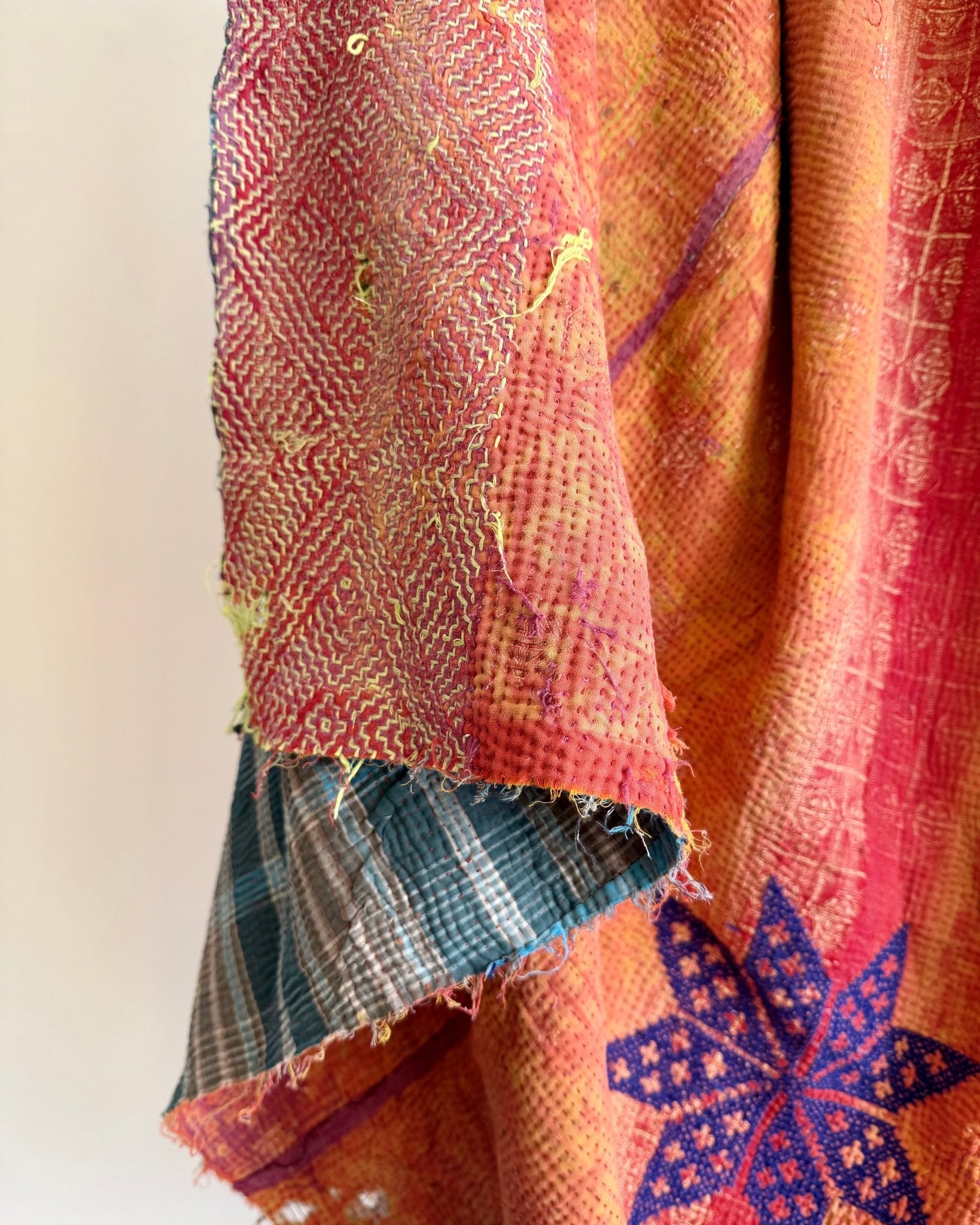 Project Kantha Quilt: Orange and Green With Cross Stitch Stars - Biggs & Hill