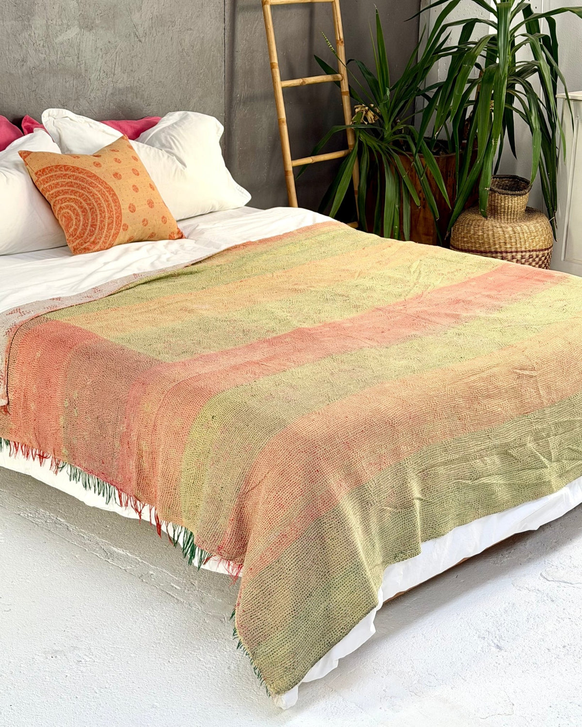 Embroidered Vintage Kantha Quilt in Peachy Pink, Yellow and White - Biggs & Hill