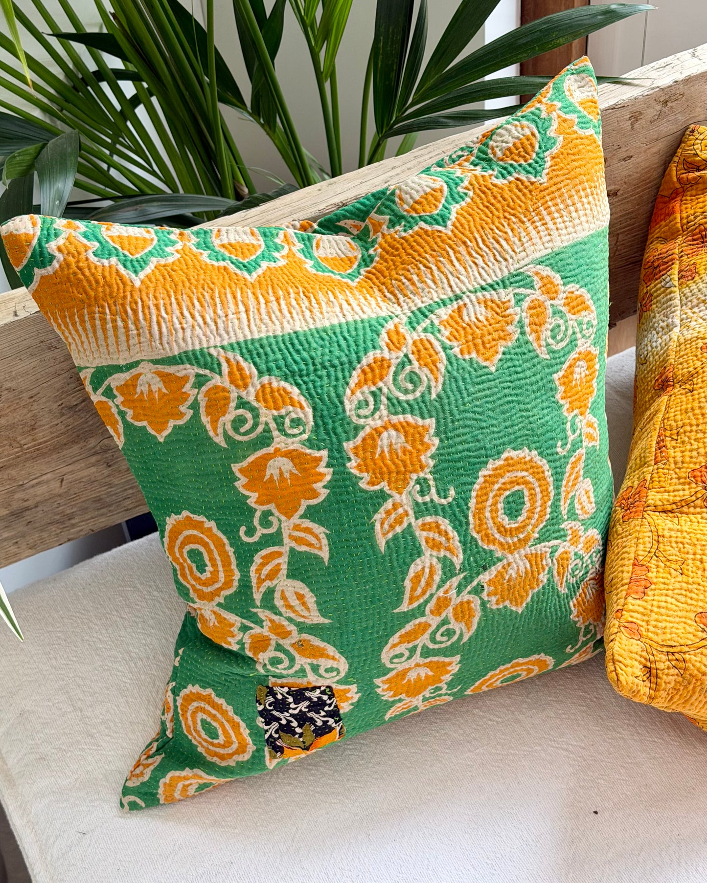 Vintage Kantha Cushion In Green and Orange- 45cm Square