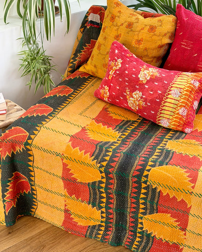 Extra Large Embroidered Vintage Kantha Quilt in Orange and Green