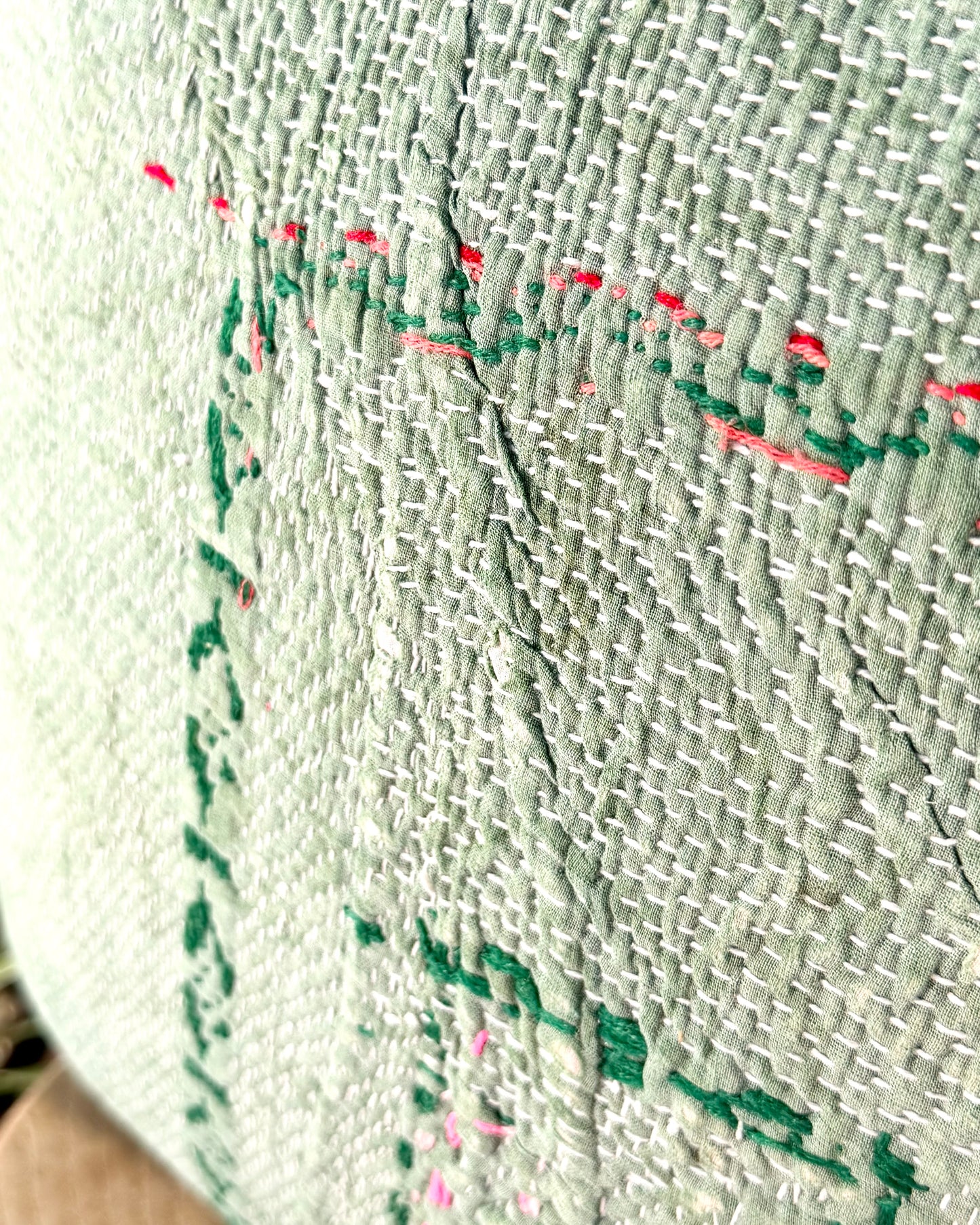 Vintage Kantha Cushion Cover In Soft Green With Orange Embroidery - 50cm Square