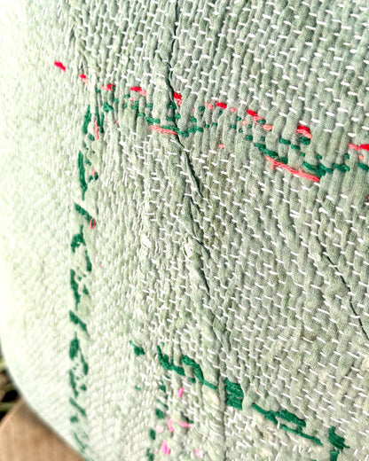 Vintage Kantha Cushion Cover In Soft Green With Orange Embroidery - 50cm Square