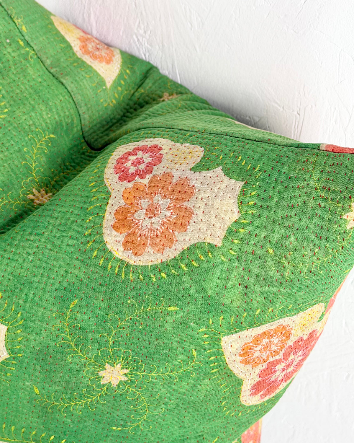 Handmade Vintage Kantha Cushion Cover In Green Floral - 45cm (18") Square