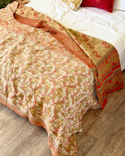 Large Fine Stitched Vintage Kantha Quilt in Orange and Beige