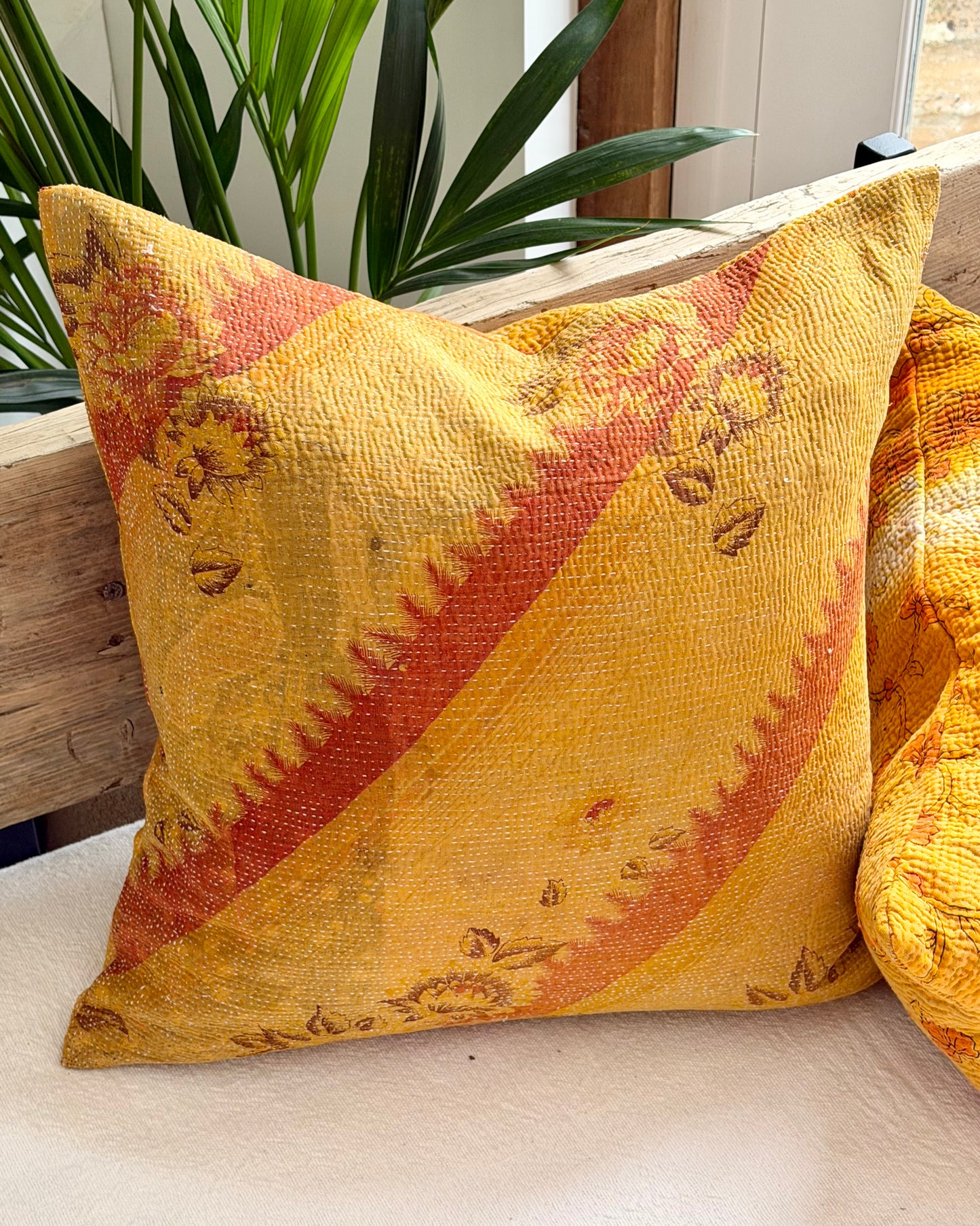 Vintage Kantha Cushion In Yellow and Blue - 45cm Square