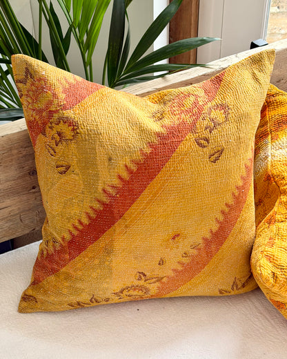 Vintage Kantha Cushion In Yellow and Blue - 45cm Square