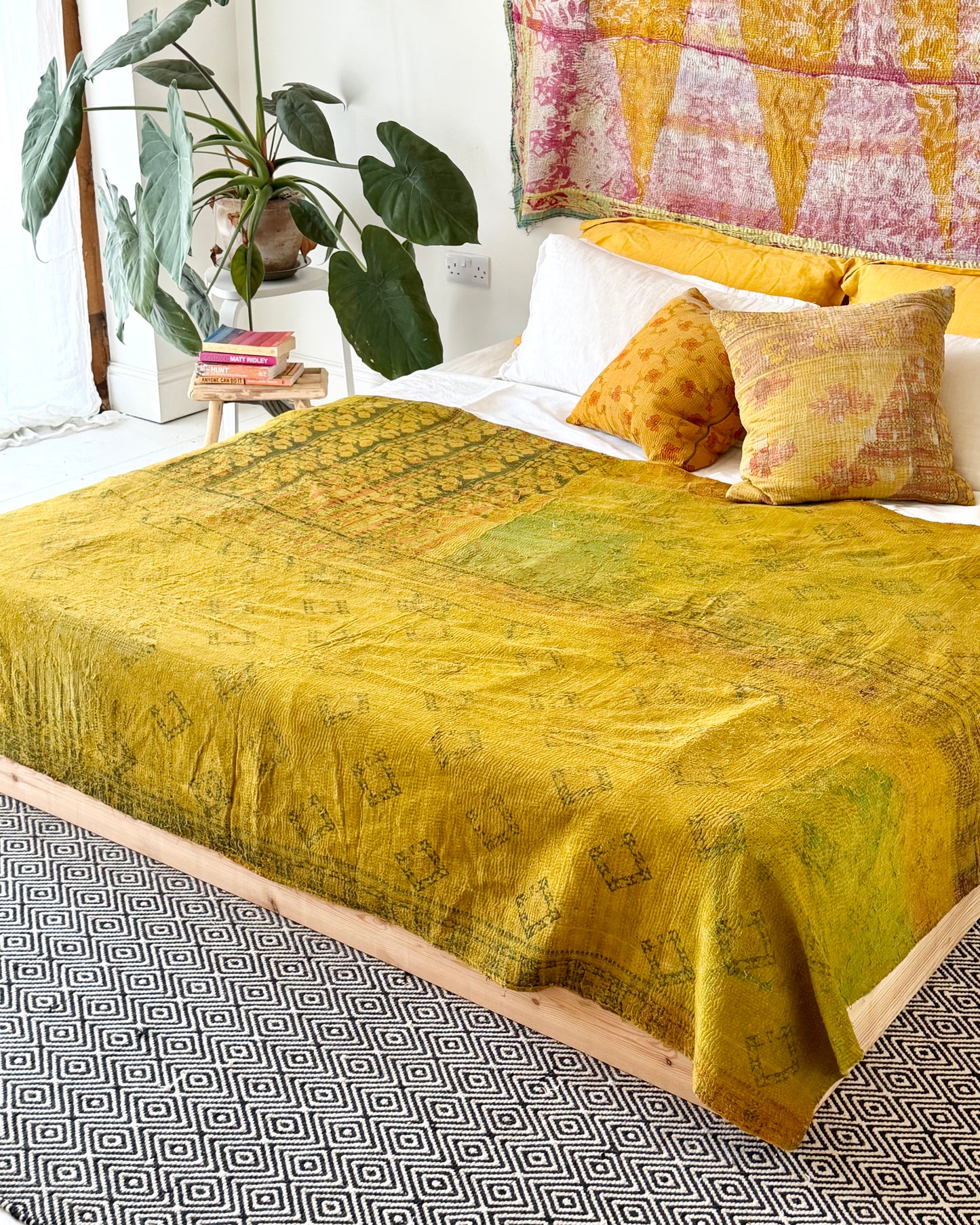 Extra Large Ajrakh Printed Vintage Kantha Quilt In Green-Gold