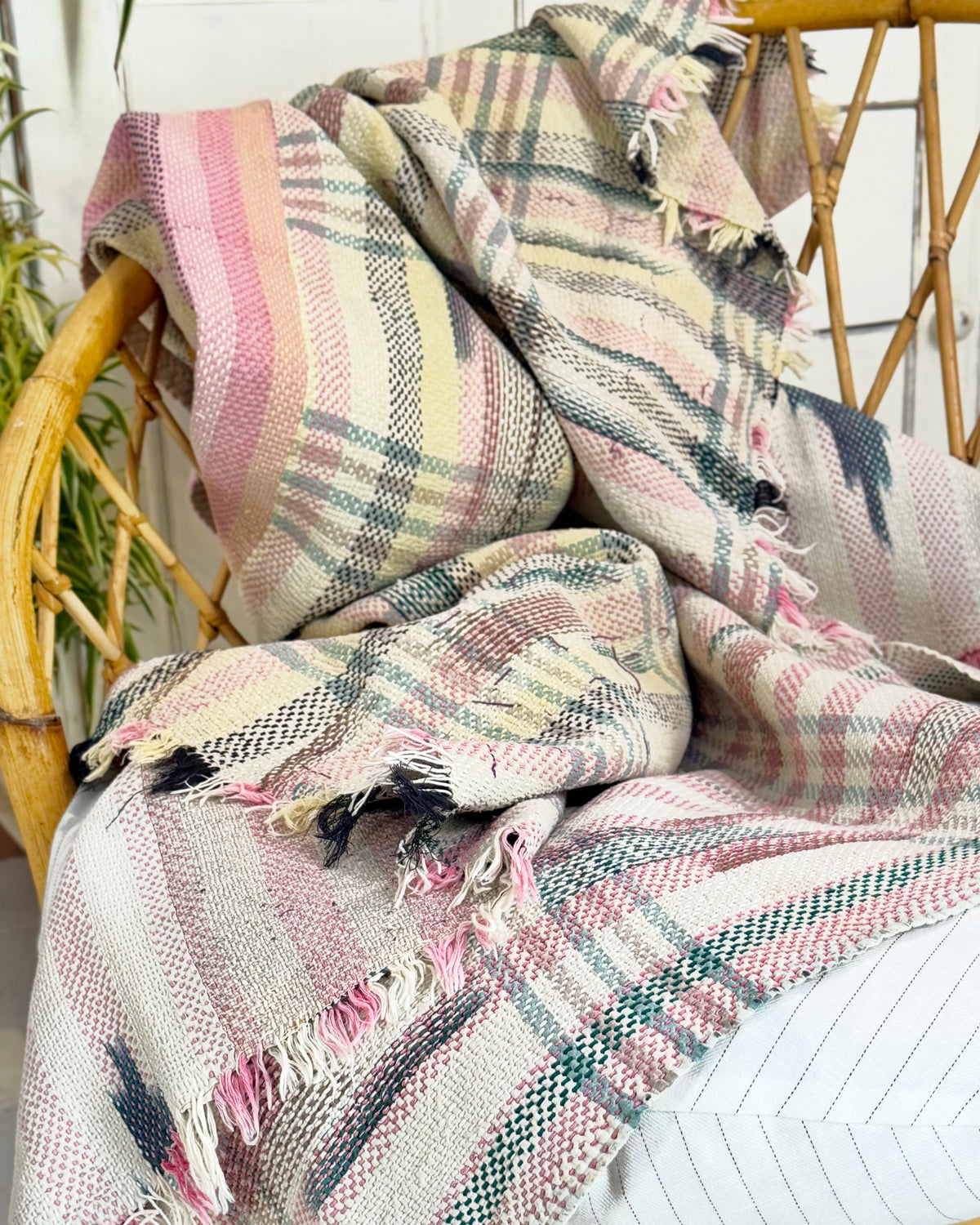 Striped Ikat Vintage Kantha Quilt in Light Pinks