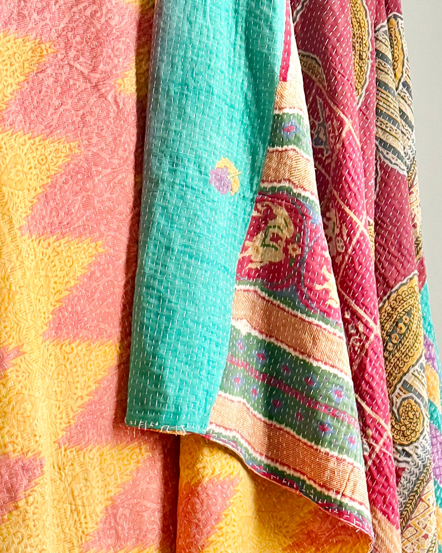 Super King Vintage Kantha Quilt in Yellow and Pink