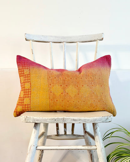 Vintage Kantha Cushion In Pink and Yellow - Small Rectangular