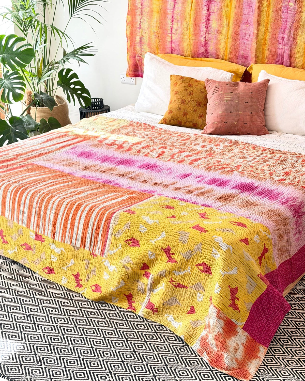 Extra Large Fine Stitched Vintage Kantha Quilt in Vibrant Multicolour Patterns - Biggs & Hill