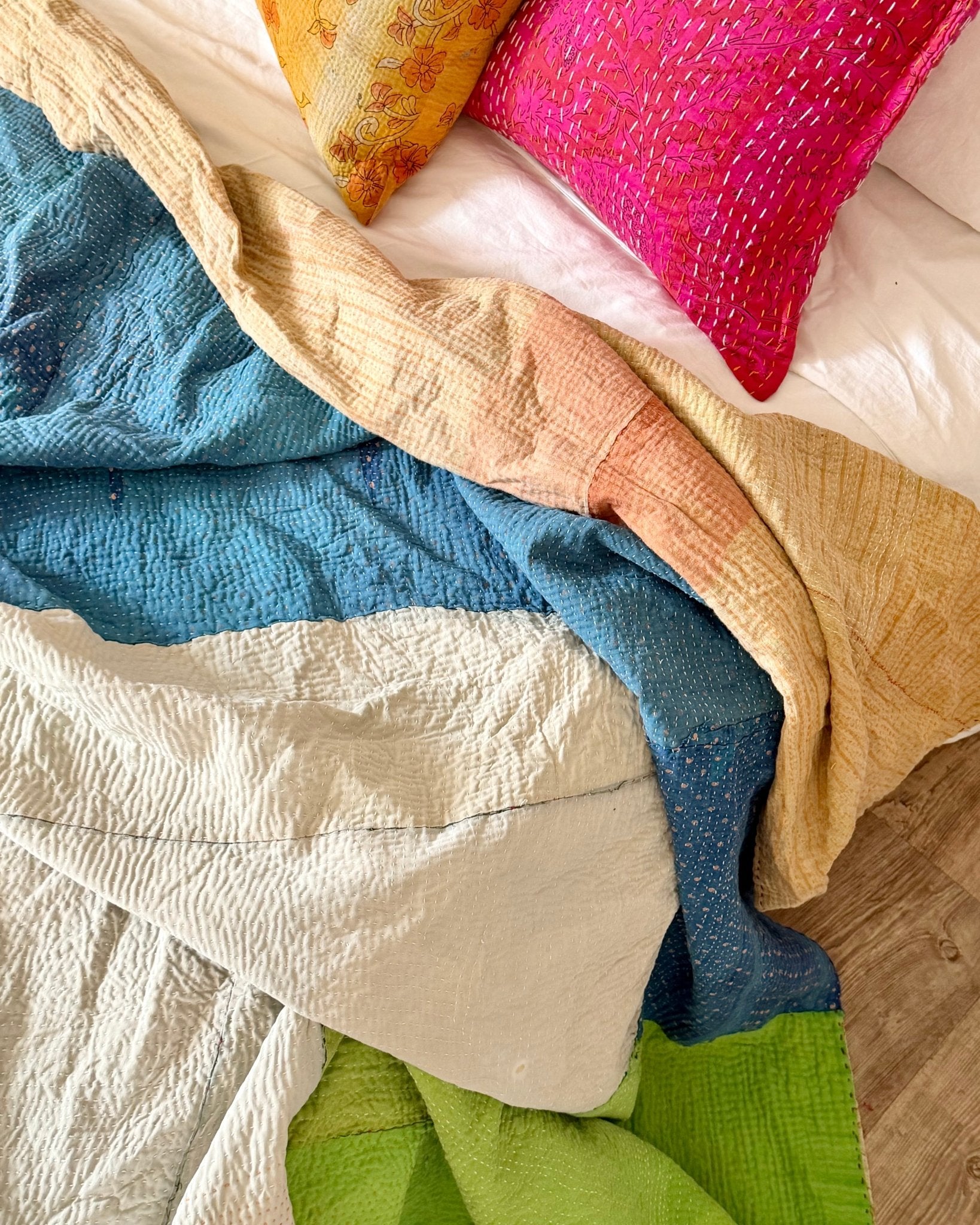 Fine Stitched Vintage Kantha Quilt in Patchwork Blue, White and Green - Biggs & Hill