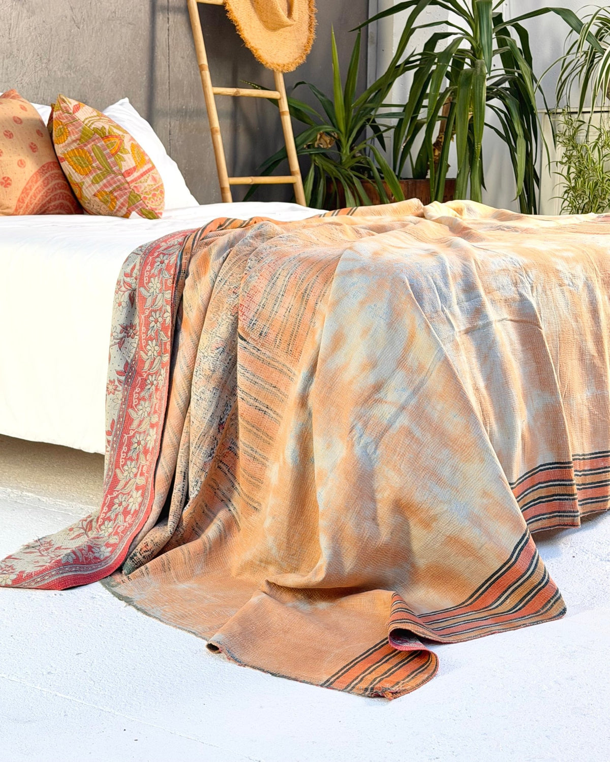 Extra Large Fine Stitched Vintage Kantha Quilt in Peachy Orange and Red - Biggs & Hill