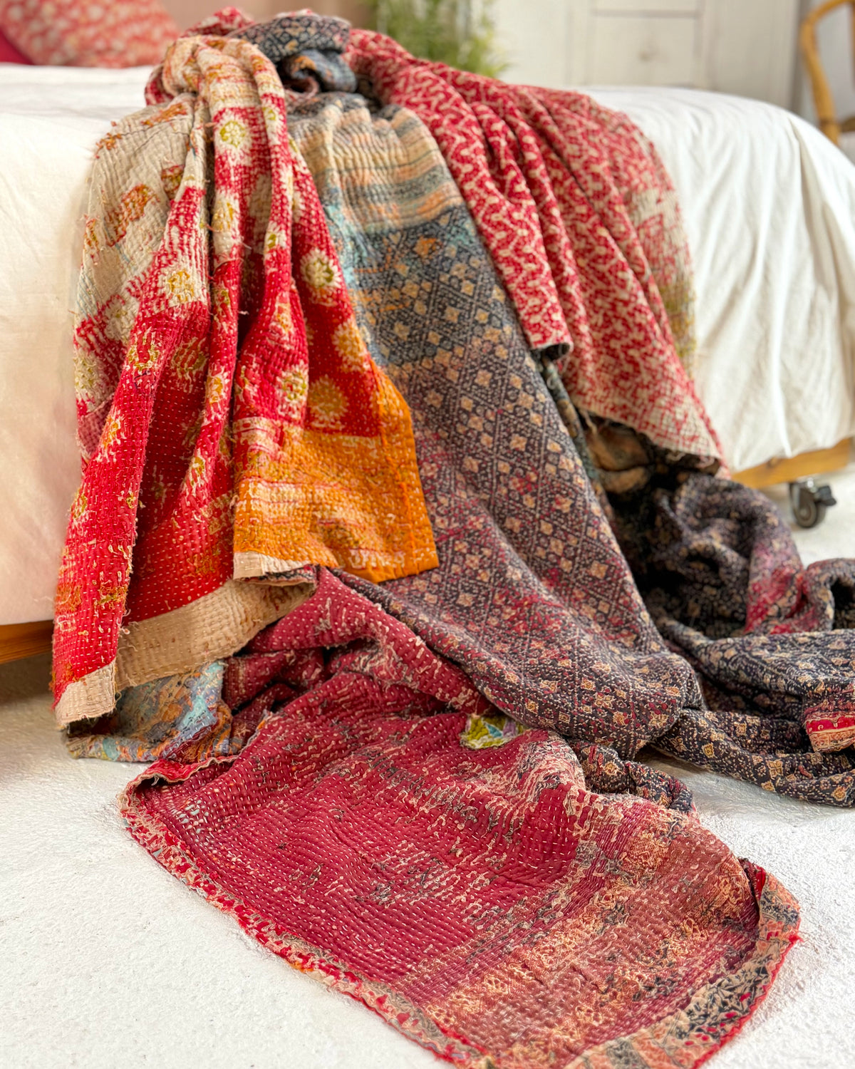 Large Textured Vintage Kantha Quilt in Red and Blue