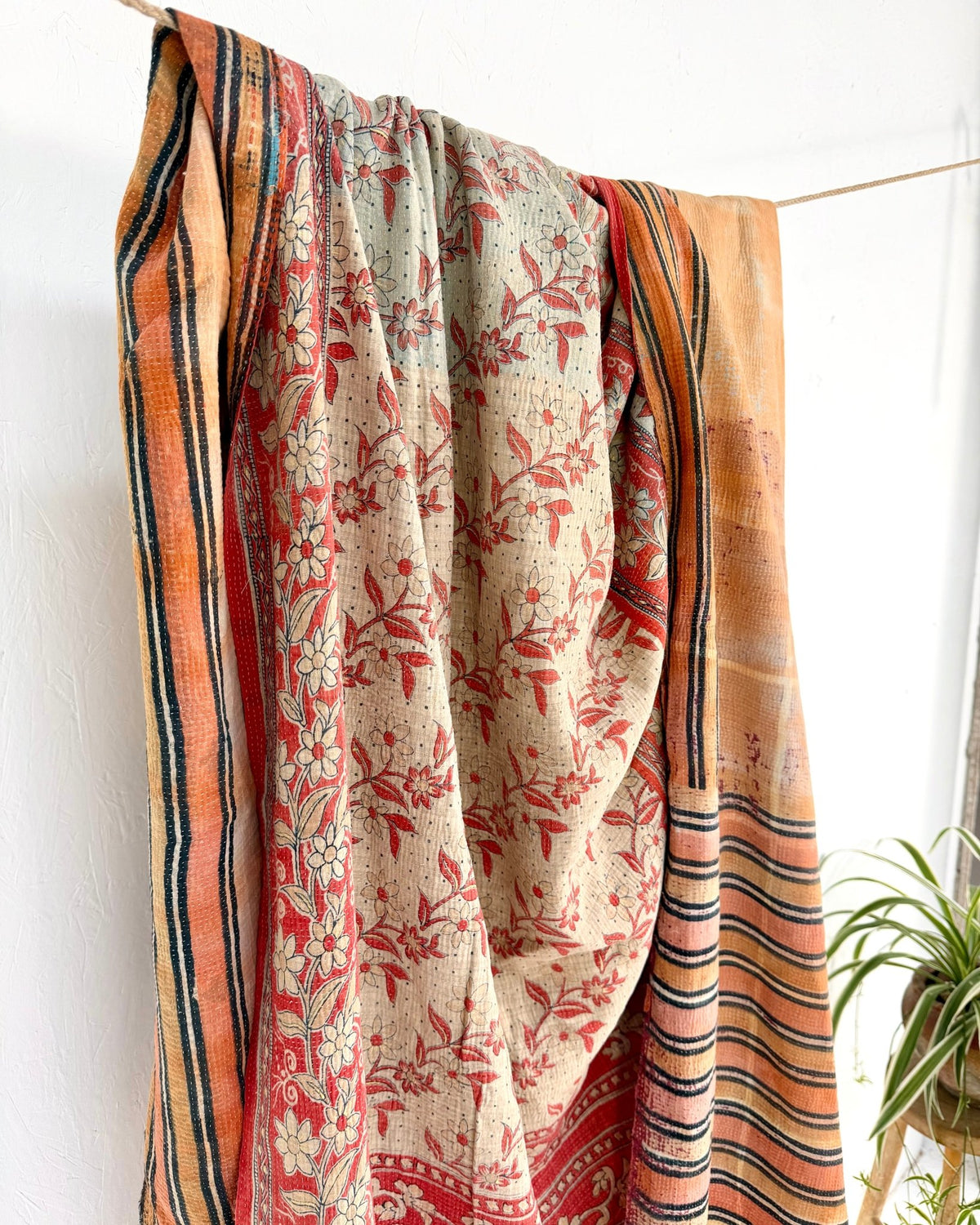 Extra Large Fine Stitched Vintage Kantha Quilt in Peachy Orange and Red - Biggs & Hill