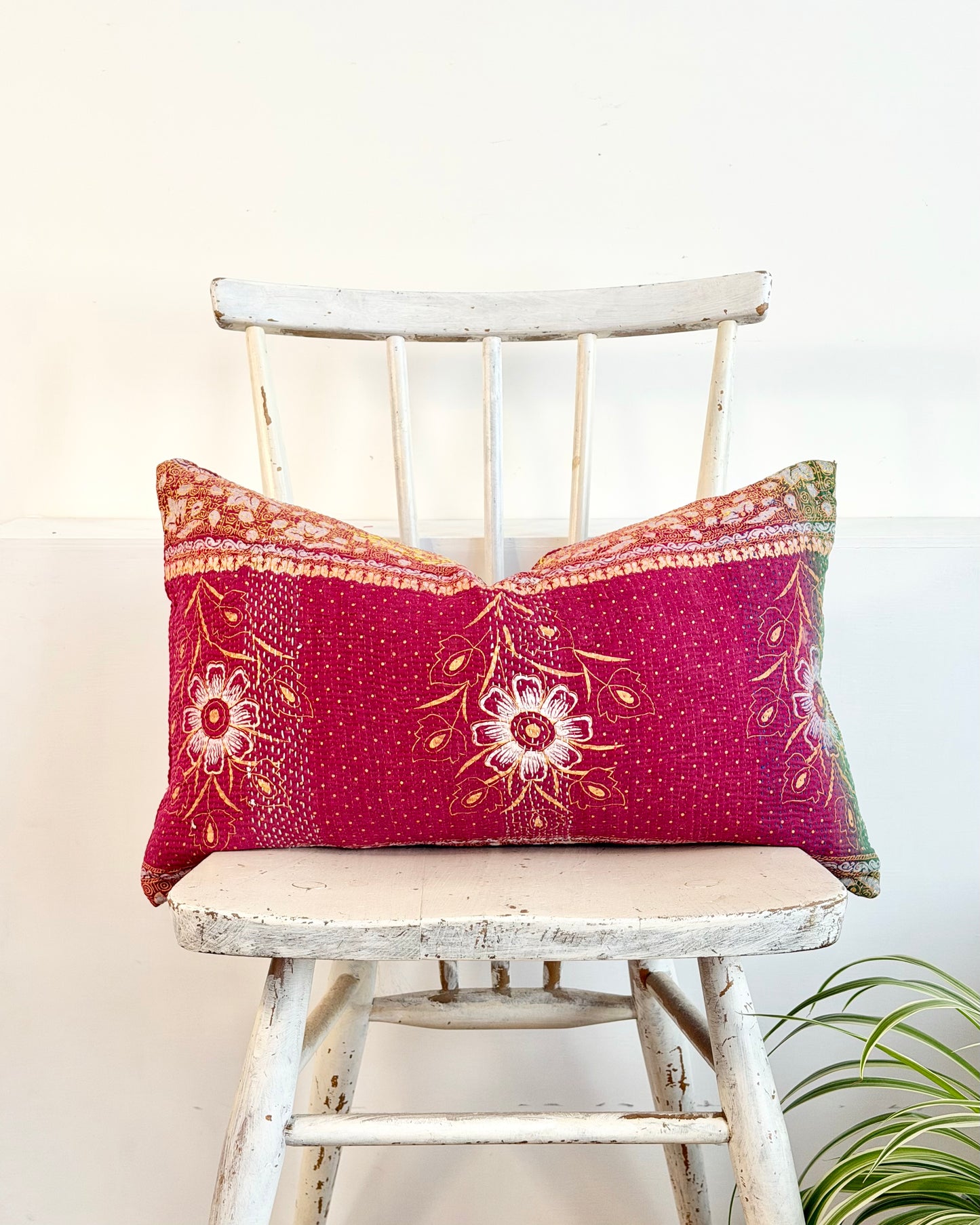 Vintage Kantha Cushion In Burgundy and Gold - Small Rectangular