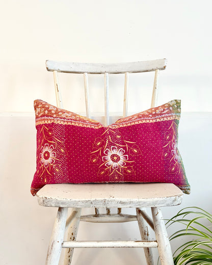 Vintage Kantha Cushion In Burgundy and Gold - Small Rectangular
