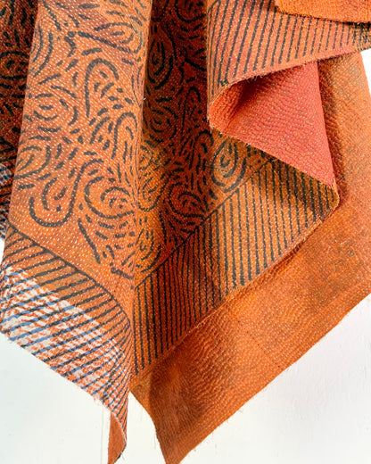 Ajrakh Printed Vintage Kantha Quilt In Orange And Green