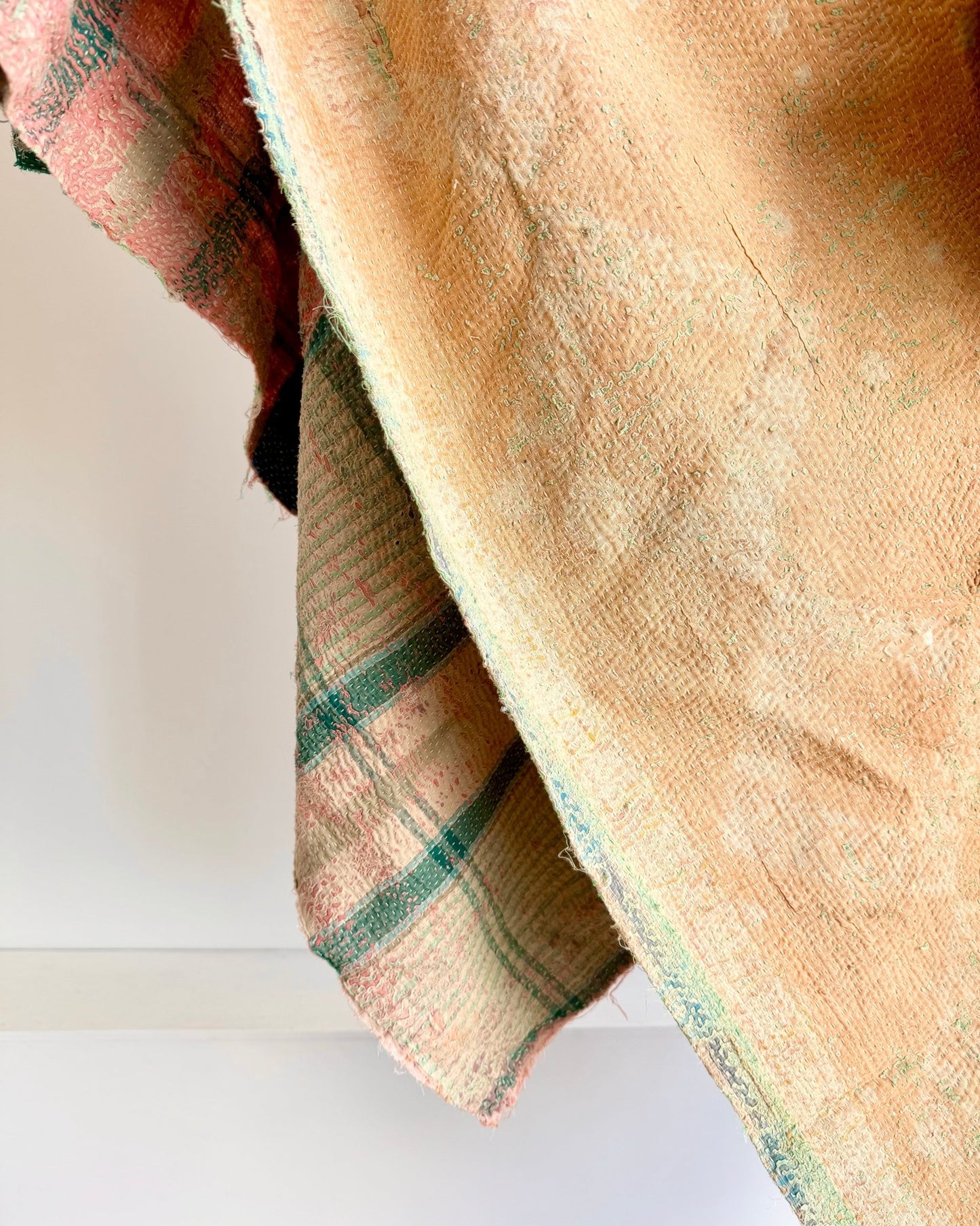 Project Kantha Quilt: Pink, Yellow and Green With Authentic Aged Texture - Biggs & Hill