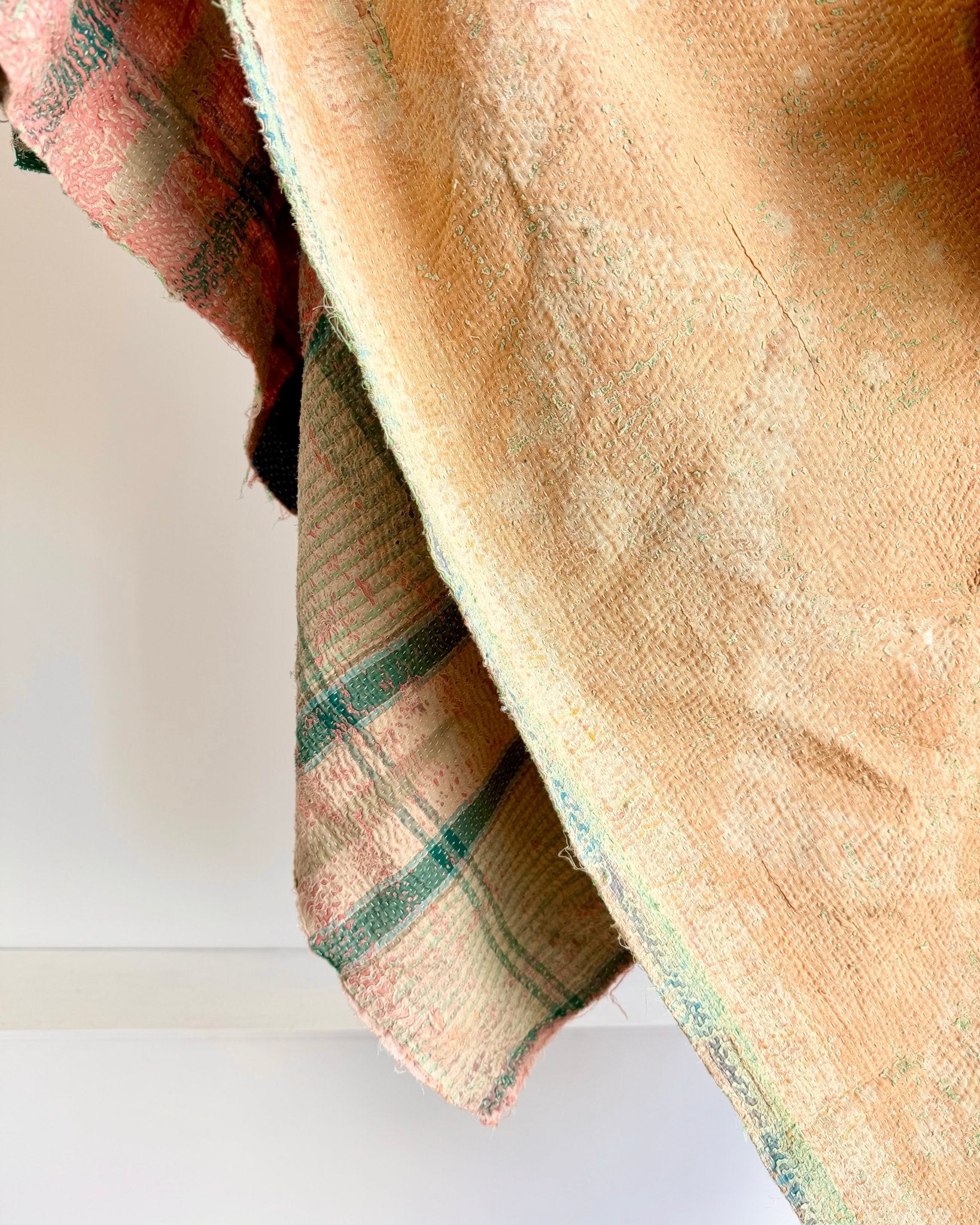 Project Kantha Quilt: Pink, Yellow and Green With Authentic Aged Texture - Biggs & Hill