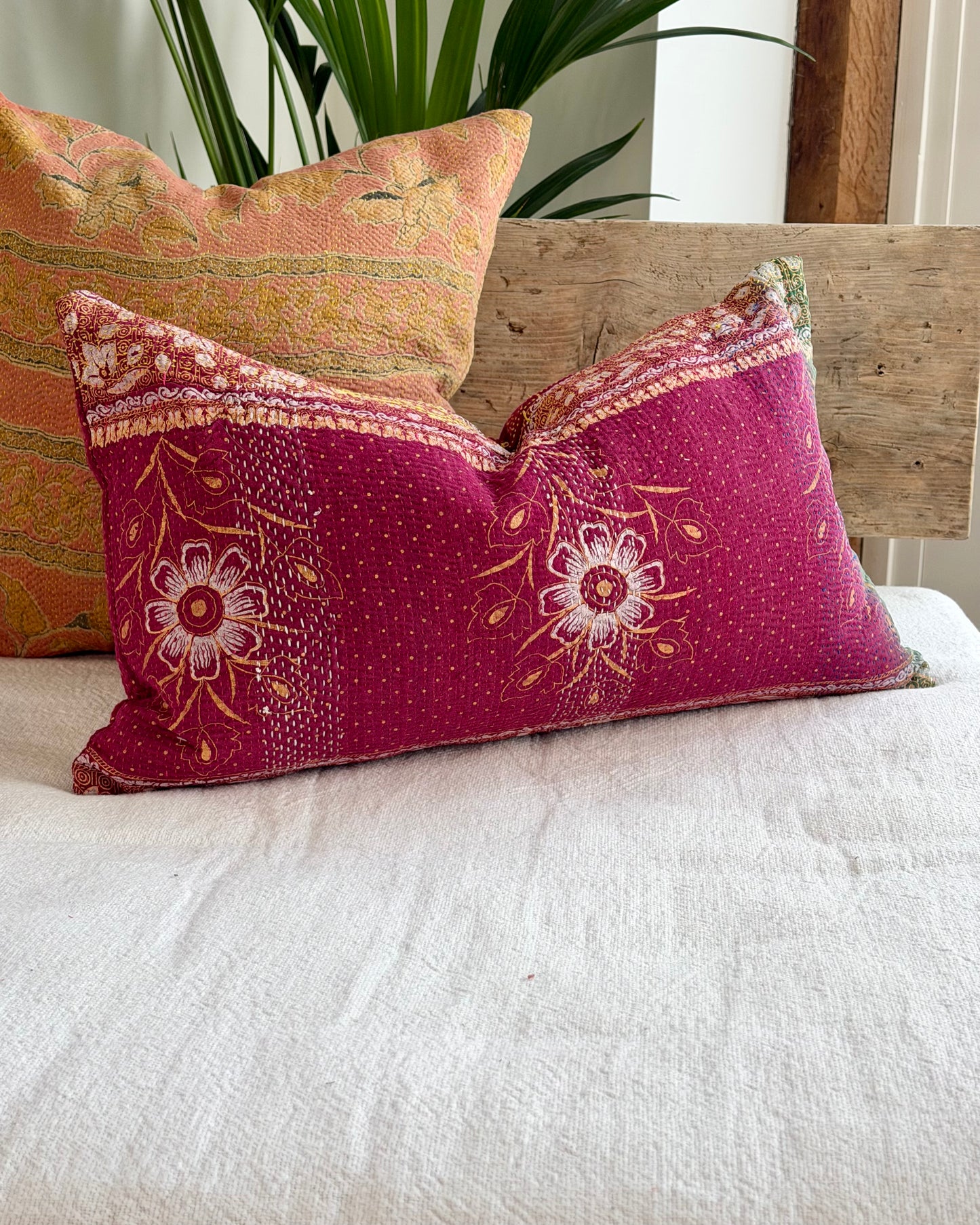 Vintage Kantha Cushion In Burgundy and Gold - Small Rectangular