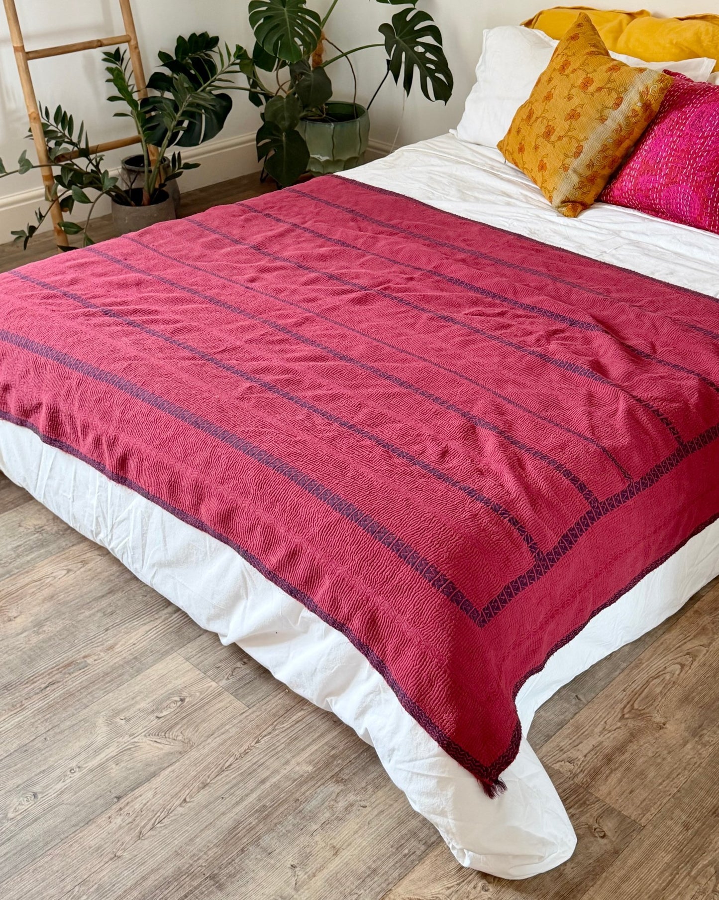 Fine Stitched Embroidered Vintage Kantha Quilt in Deep Plum Red - Biggs & Hill
